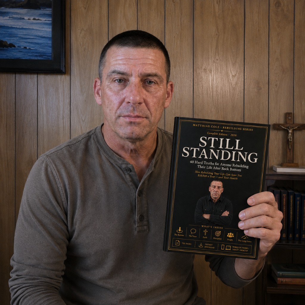 Matthias Cole holding his book, Still Standing